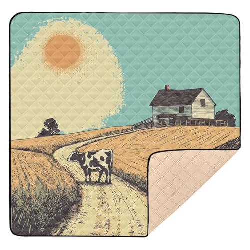 Kigai Farm Cow Baby Play Mat for Floor and Playpen 50x50 inch Non-Slip Baby Activity Playmat Waterproof Foldable Crawling Mat for Infants Toddlers