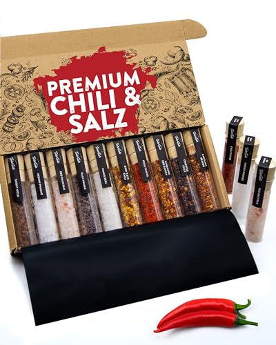 TIMBER TASTE® Scharfes Salz & Chili Gewürze Geschenkset [BIS 950.000 SCOVILLE] - Erlesene Salze & Chilli Gewürze aus aller Welt - Besonderes Gewürz Geschenk für Männer & Frauen - 10er Set