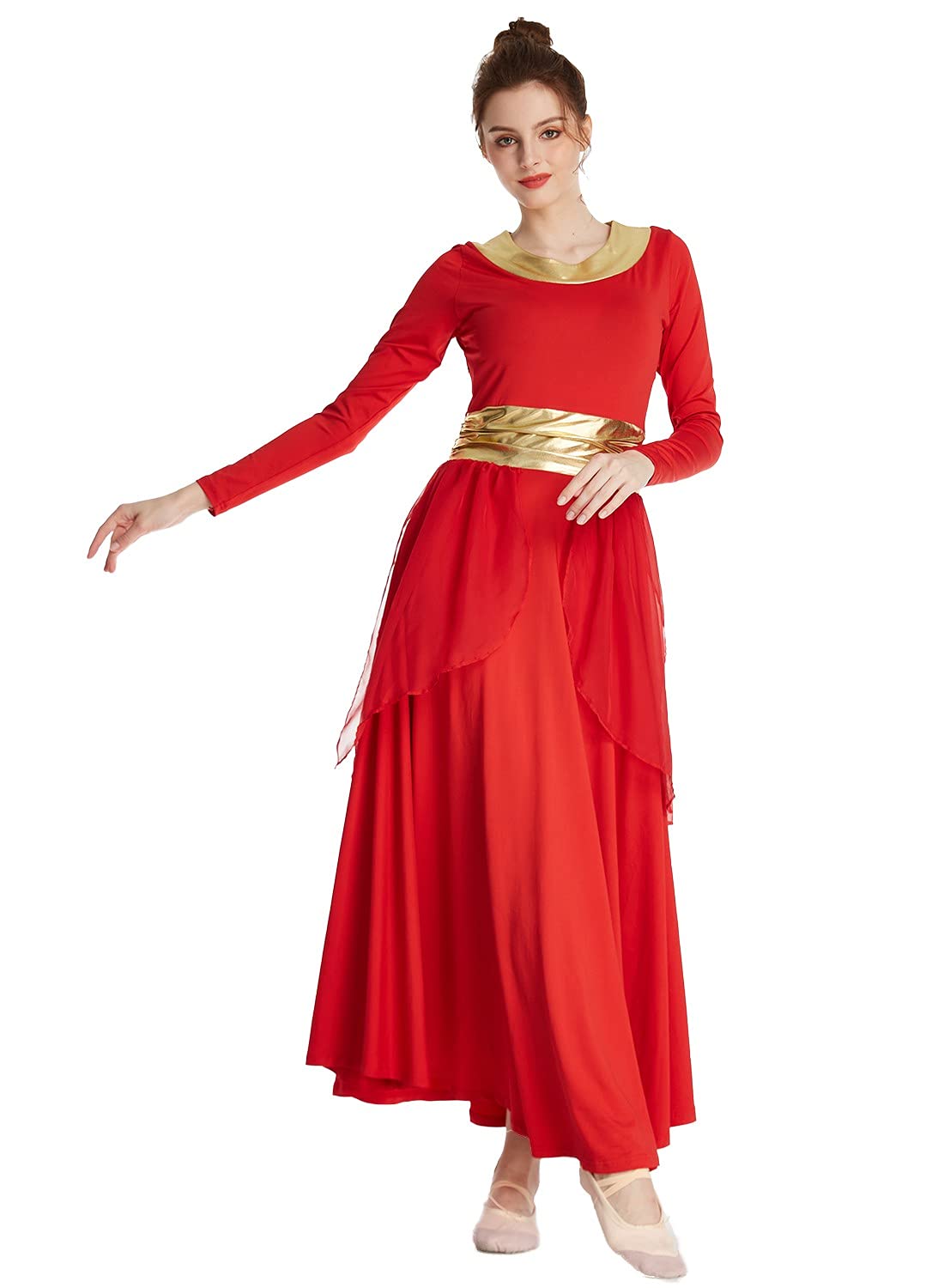 REXREII Women Praise Dance Robe Metallic Waistband Long Sleeve Liturgical Worship Dress Chiffon Skirt Lyrical Costume Red XL