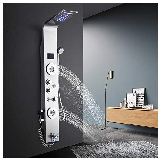 Saeuwtowy Shower Panel Tower with LED Rainfall Waterfall Shower Head 7 Multi-functional Rain Massage Stainless Steel Shower Fixtures with Body Jets Bidet Sprayer Brushed Nickel