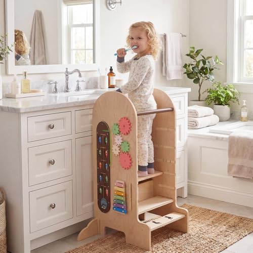 Image of Costzon Toddler Step Stool, 4-in-1 Kids Kitchen Standing Tower with Adjustable Height, Chalkboard & Slide, Montessori Games, Safety Rails & Anti-tip Feet, Wooden Children High Chair for Boys & Girl