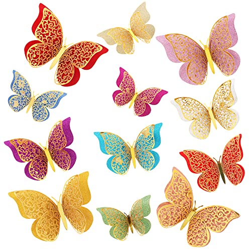 MAMUNU Lot de 24 papillons décoratifs en 3D pour fenêtre, meubles, chambre à coucher, bricolage, anniversaire, mariage, fête, 3 tailles de papillons avec double volant, or Cover