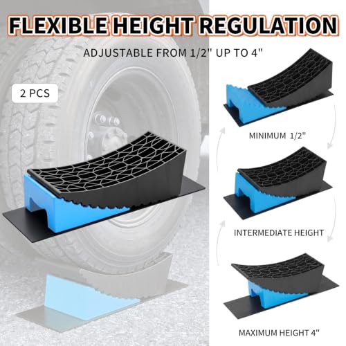 Image of OULEME RV Leveling Blocks, Camper Leveler System 2 Packs for Dual Axle Tandem Wheel Travel Trailer, Include 2 Curved Leveler Ramp, 2 Chock, 2 Rubber Mat, 1 T Bubble Level, 1 Carry Bag, Blue