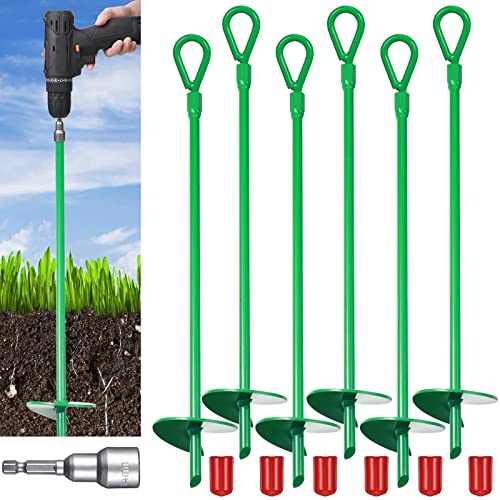 Tondiamo 18 Inch Long Ground Anchor Kit, 3 Inch Wide Helix, Heavy Duty Earth Augers Solid Steel Shaft with Drill Bit for Tents, Swing Sets, Securing Animals, Canopies, Sheds(Green, 6 Pcs)