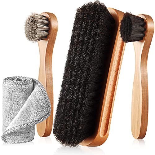 Image of 4 Pcs Horsehair Shine Shoes Brush Kit Polish Dauber Applicators Cleaning Leather Shoes Boots Care Brushes Suede Cleaner Brush with Microfiber Shoe Cloth(4 Pcs Style B)
