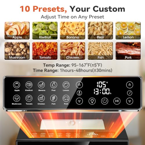 Image of Manastin Food Dehydrator Machine 10 Stainless Steel Trays, 850W Dryer for Meat Jerky, Fruit, Herbs, Yogurt & Dog Treats, 95-167℉ Dehydrated Dryer, 48H Timer, 10 Presets, Overheating Protection, Black