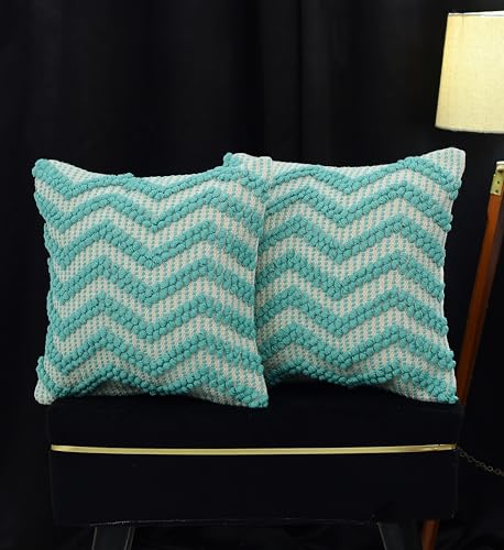 Image of TIB Premium Boho Decorative Throw Cushion Covers, 16 x 16 cm, Set of 2, Cotton. (Zig Zag Blue)-230 TC