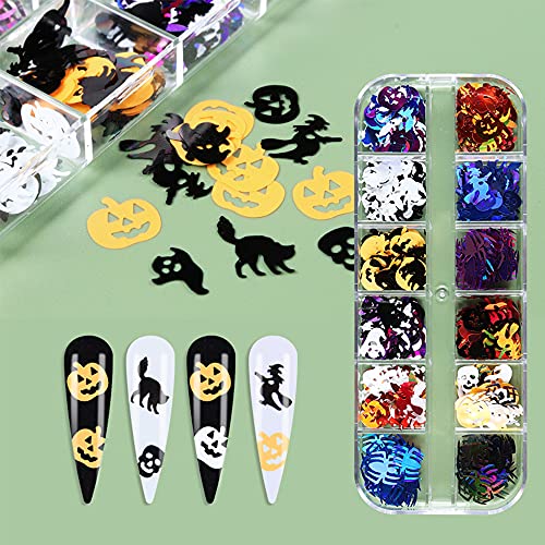12 Grids Halloween Nail Art Glitter Sequins Charm Decals Decorate，3D Halloween Theme Holographic Glitter Broom Witch Ghost Spider Cat Skeleton Pumpkin Hholiday Design Diy For Women Nails Supplies #TOP1
