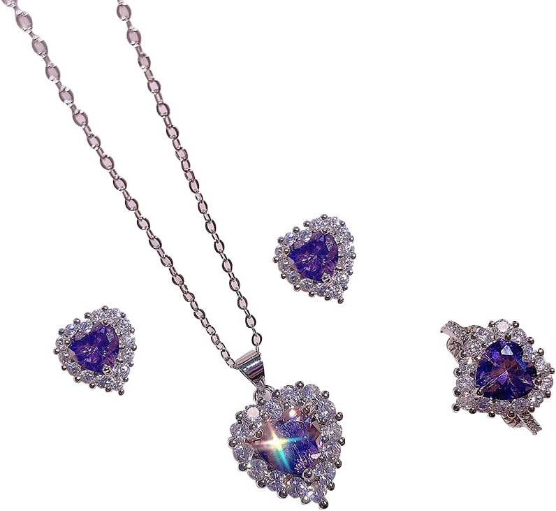 Jewelry Set Necklace for Women, Silver/Gold Plated Adjustable Dainty Cubic Zirconia Trendy Choker Pendant Necklace+Earrings+Ring Jewelry Set for Women