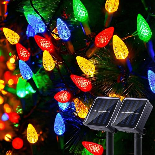 L LAMPOP Paquete de 2 luces solares de Navidad para exteriores C6 de fresas, luces LED de hadas de Navidad, 50 LED, luces de jardín recargables con energía solar para árbol de Navidad, decoración de