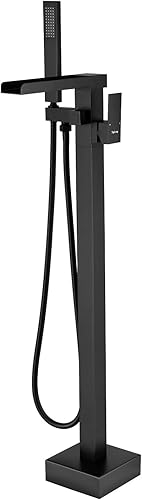 TapLong Freestanding Bathtub Faucet Tub Waterfall Filler Floor Mount Bathroom Faucets Brass Single Handle with Hand Shower High Flow Rate Max 6 GPM