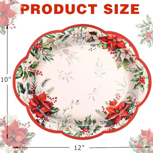 Fancy Land Christmas Oval Paper Plates Disposable Poinsettia Platters for Dinnerware Holiday Party Trays Decor Supplies 10 x 12 Inches 24Pcs – Image 3