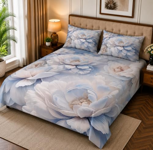 Image of 7D Digital Printed King Size Bedsheet with 2 Pillow Covers | Soft Premium Cotton Feel Microfiber Double Bed Bedsheet | Wrinkle Free & Fade Resistant | (WhiteFloral, KingSize-225x250CM)