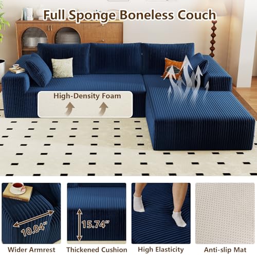 Image of 96 inch Modular Sectional Couch, Boneless L Shaped Cloud Sofa with Chaise Lounge, Corduroy Upholstered Couches Memory Foam Deep Seat, No Assembly Required, Ideal for Living Room(Blue, Right Facing)