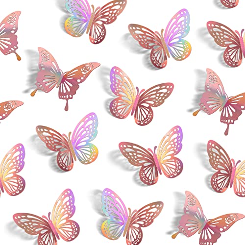 Image of Laser Rose Gold Butterfly Wall Decor, 48Pcs Removable Graduation Grad Cap Decorations Cake Cupcake Toppers, 2 Styles 3 Sizes Paper Butterflies Stickers for Birtthday Party Baby Shower Girl Room Decals