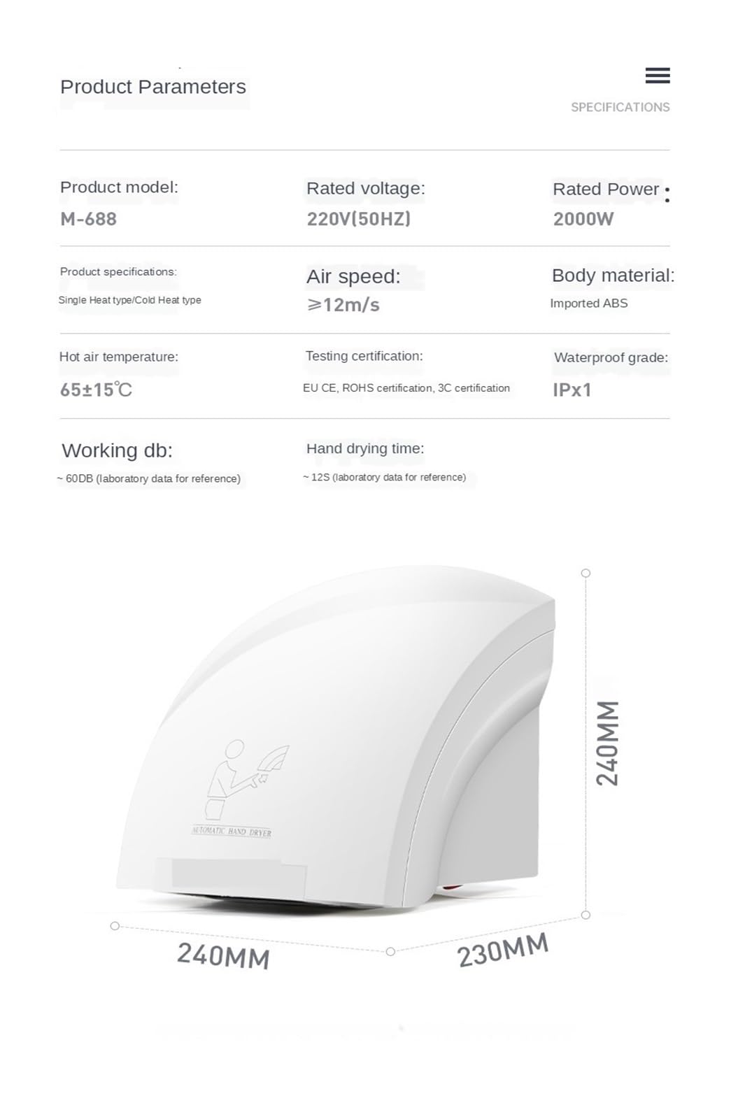 Secador de Manos, Secador de manos inteligente montado en la pared, secador automático, sensor infrarrojo, aire for baño hotel(Hot and cold wind 05)