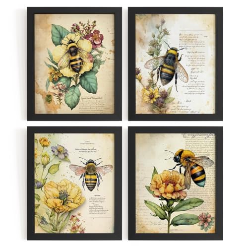 WXHUM Vintage Spring Floral Bumble Bee Wall Art Prints Set of 4, Rustic Farmhouse Cottagecore Botanical Honey Bee Floral Posters for Home Kitchen Bedroom Living Room, 8x10 inch Unframed