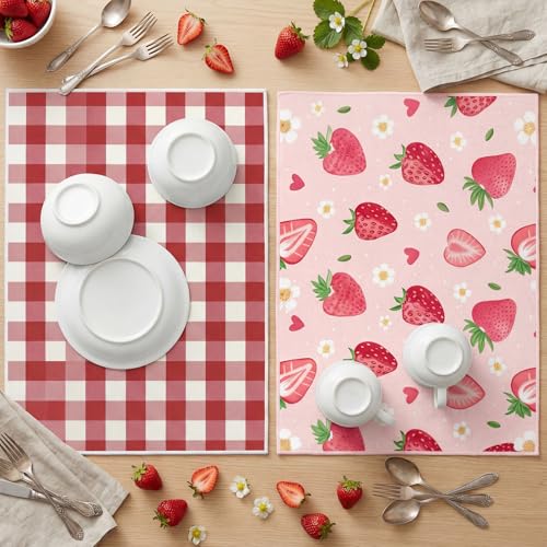 Image of Domensi 2 Pack Strawberry Microfiber Dish Drying Mat Absorbent Reusable Washable Extra Large Kitchen Counter Draining Mat Red Gingham Pad for Coffee Bar Kitchen Decor 18x24 Inch