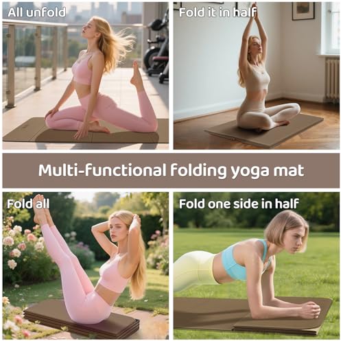 Image of Foldable Yoga Mat Exercise Mat for Home Workout, Comfortable and Durable, 8mm Thick Portable Folding Mat, Non-Slip, Pilates Mat Thick, Outdoor Use, Meditation, Travel, Camping (71 inchx24 inch x 0.3 inch) (Milk Coffee + Black) (Brown+Black)