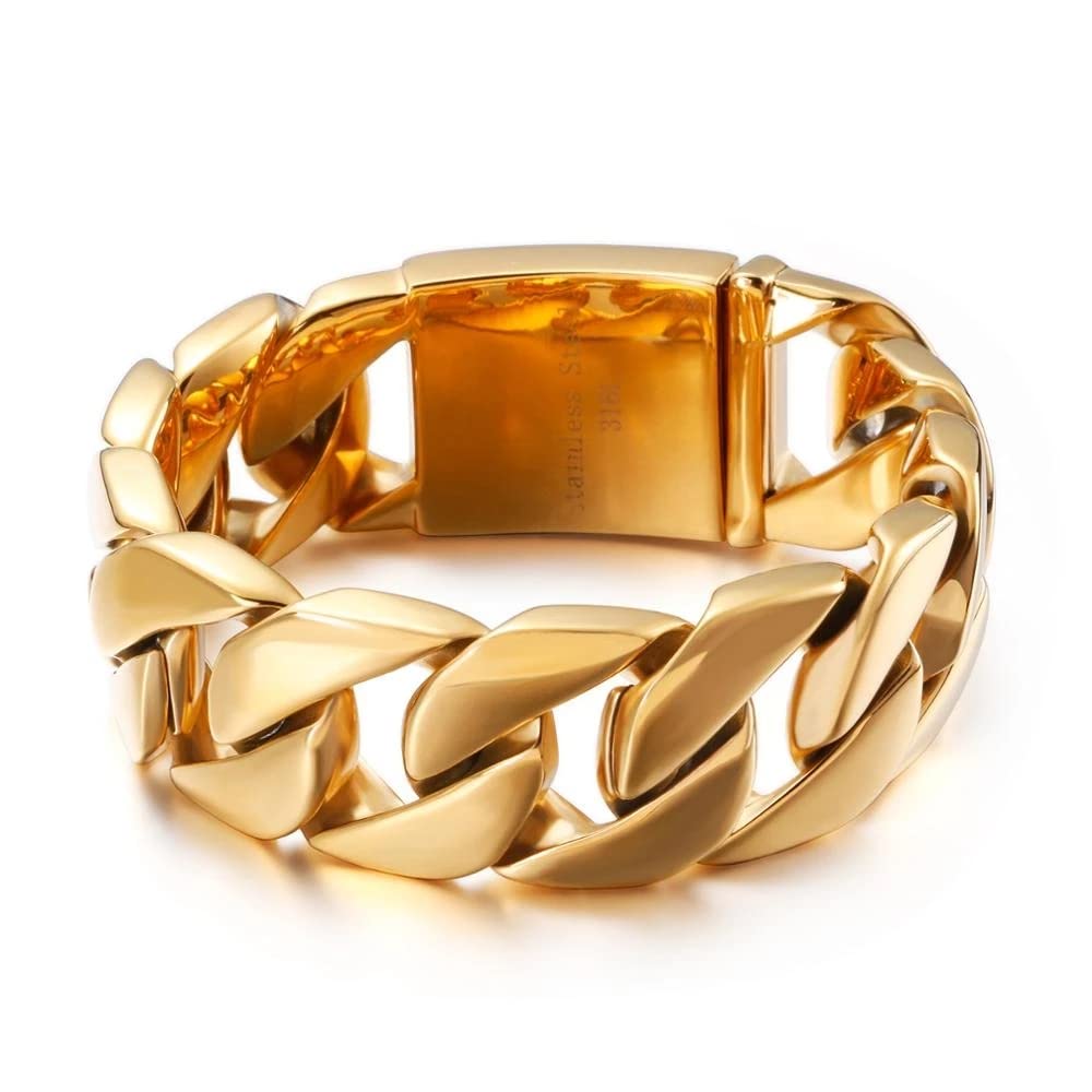 XYNSNDB 24 mm Schwerer Herren- und Damen-Armreif aus 18 Karat Gold, Edelstahl, Vintage-Stil, gebürstet, matt, Biker-Armreif, Schmuck, Silber poliert