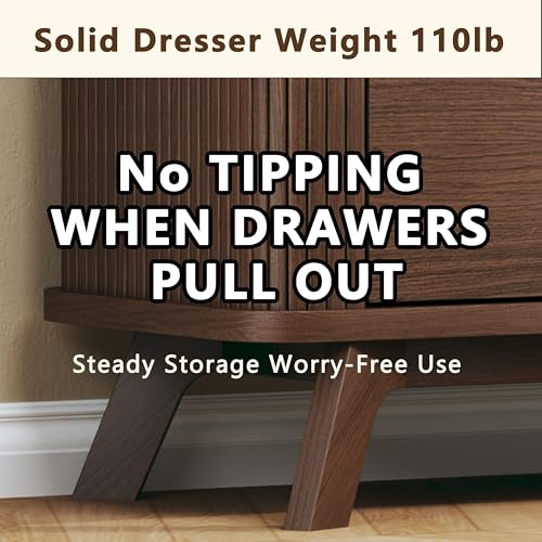 Image of HUAHUU Fluted 6 Drawers Dresser for Bedroom, 55 inch Mid Century Modern Dresser & Chests of Drawers, Curved Profile Design, Dresser TV Stand, for Entryway, Hallway, Walnut
