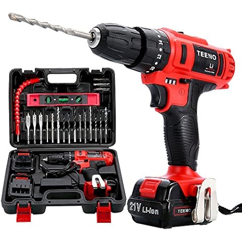 TEENO Taladro atornillador de percusión inalámbrico PSR 21V + 2 baterías de litio + 20 accesorios + guantes profesionales Cover