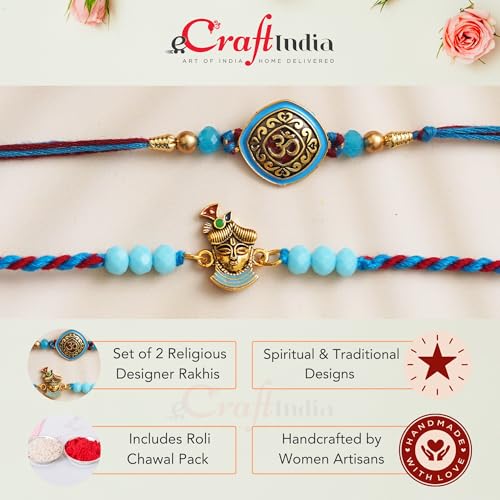 Image of eCraftIndia Multicolor Set of 2 Om Symbol and Peacock Designer Religious Rakhis with Roli Chawal Pack