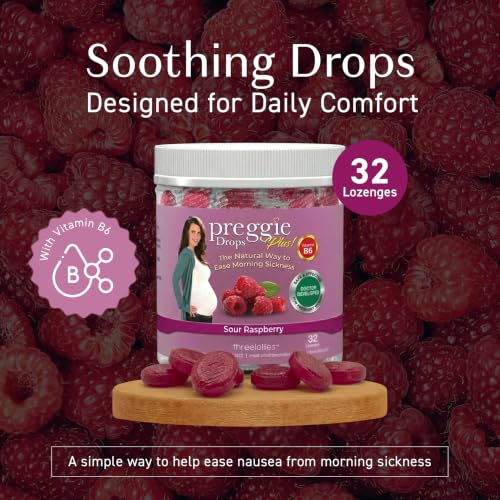 Image of Three Lollies Preggie Drops Plus with Vitamin B6, Pregnancy Nausea Lozenges for Moms-to-Be, Sour Raspberry Morning Queasiness Lozenges with Essential Oils for Pregnant Women, 32 Count