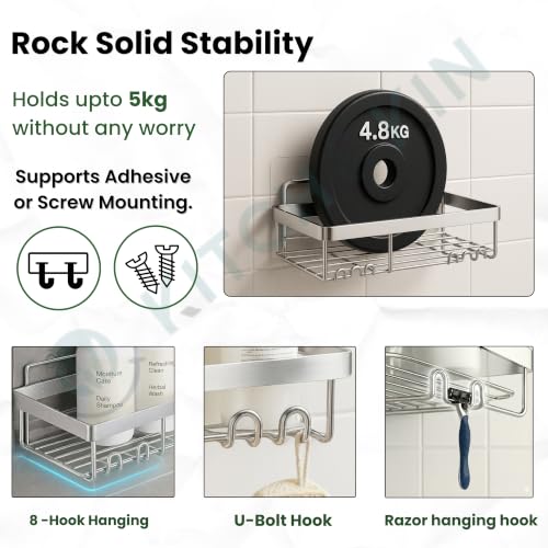 Image of KITCH & KIN 2-Piece Stainless Steel Bathroom & Washroom Organizer Shelf - Dual Mount Wall Storage Rack with Self Adhesive or Drill Option, Space-Saving Kitchen Organiser