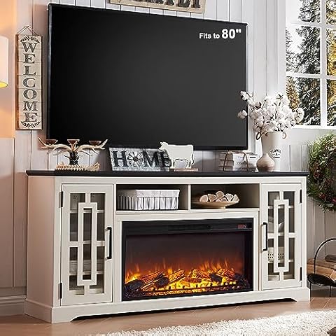 JXQTLINGMU Fireplace TV Stand with 36" Electric Fireplace for 80 Inch TV, Farmhouse 32" Tall Highboy Entertainment Center w/6 Shelves, Modern Media Console w/Storage for Living Room, Distressed White Cover