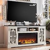 JXQTLINGMU Fireplace TV Stand with 36' Electric Fireplace for 80 Inch TV, Farmhouse 32' Tall Highboy Entertainment Center w/6 Shelves, Modern Media Console w/Storage for Living Room, Distressed White