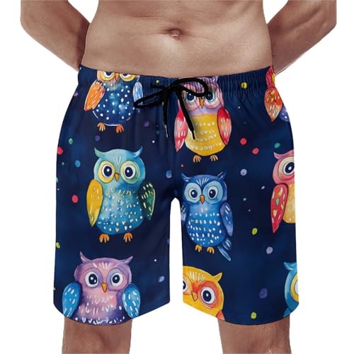 Colorful Owls and Dots Men's Swim Trunks Board Shorts Beachshorts Swimsuits with Pockets Mesh Liner