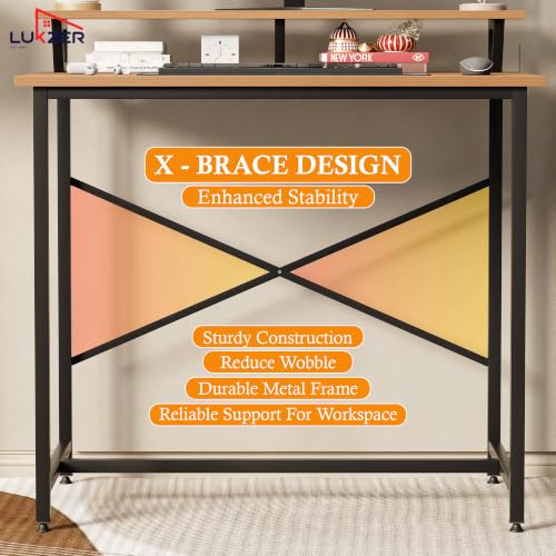Image of Lukzer X-Support Study Table with Monitor Riser for Home Office (MST-009 /Black & Oak Brown) Metal & Engineered Wood Laptop & Computer Workstation Desk for Student, DIY Spacious Tabletop (90x60x86 cm)