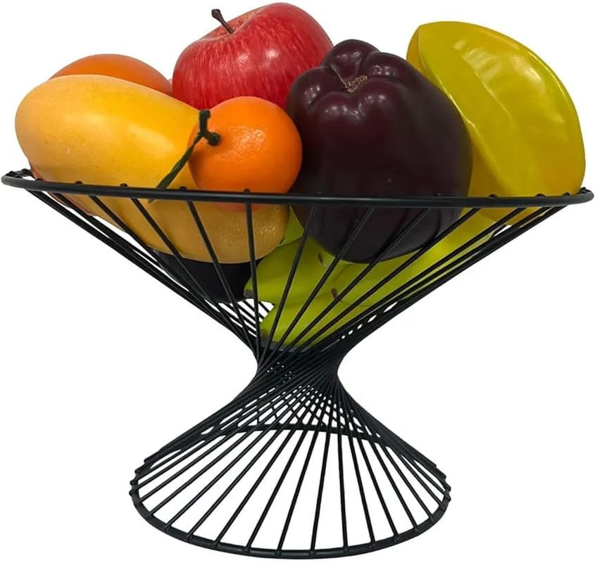 MR Crafting House Iron fruit basket with holding stand kitchen storage dining table vegetable bowl pantry organizer living room centerpiece decorative basket (Black) (Size:11Lx11Wx6H)