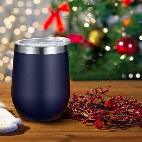 Fungun 12 Pack Unbreakable Drink-Ware Stemless Wine Tumbler, 12 Oz Stainless Steel Triple-Insulated Vacuum Wine Glass Cup with straws for Wine, Coffee, Champagne, Cocktails and Beer(Navy Blue)