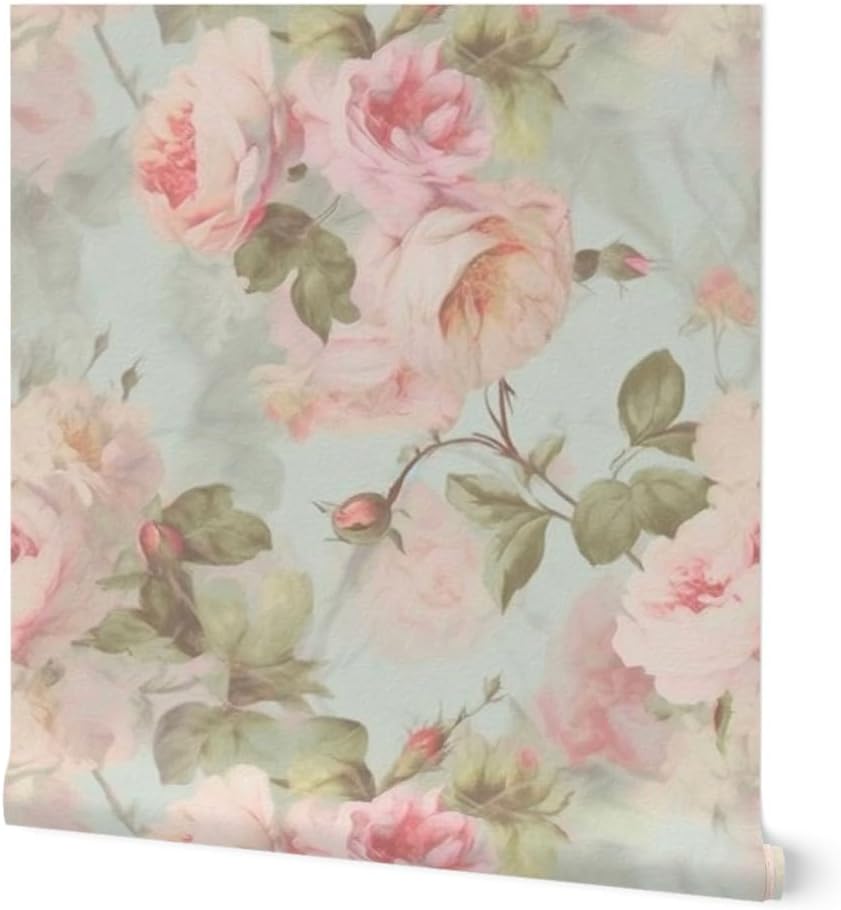 Spoonflower Removable Wallpaper 3ft x 2ft - Watercolor Roses Botanical Cabbage Rose Vintage Large Scale Floral Leaves Custom Pre-Pasted Wallpaper
