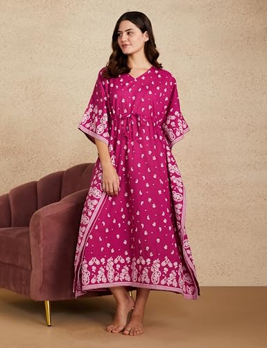 Image of Amazon Brand - Myx Women Cotton Maxi Length Kaftan Nightdress |Casual | Loose Fit (Available in Plus Sizes)