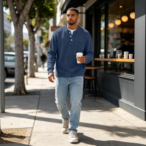 Corduroy Shirt Men Henley Shirts for Men Long Sleeve Button Down Fall Clothes Ribbed Corduroy Sweatshirt Navy Large - image 7
