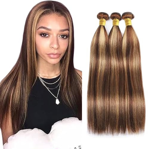 Creuost Bundles Human Hair Extension Straight Bundles 100% Unprocessed Brazilian Virgin Hair p4/27 Highlight Blonde Brown No Tangles No Smell For Women 3 Bundles Total 300g 12 14 16 Inch