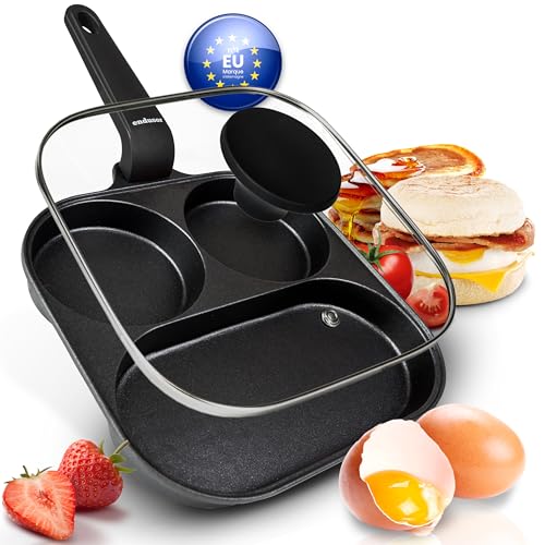 endusor Poele à 3 trous pour à oeuf au plat et pancakes de 21cm - Adaptée à toute cuisinière + revêtement anti-adhésif & couvercle | Induction Gaz...