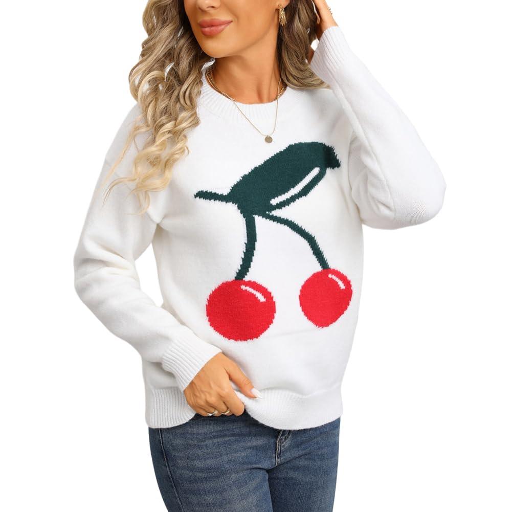 Womens Cherry Print Sweater Cute Long Sleeve Crew Neck Knit Pullover Top