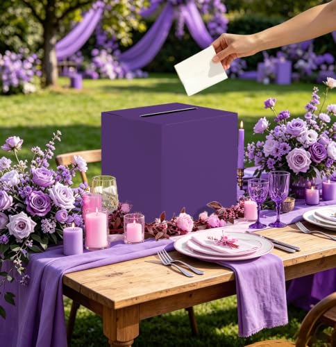 Image of SietDESEO Purple Card Box for Graduation Large Gift Card Box Holder 9.8 inch x 9.8 inch Money Cards Box Diy Card Box for Wedding Reception Baby Shower Birthday Cards Box Holder