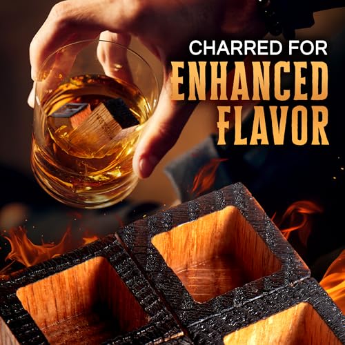 Image of Oaksip Wooden Bourbon and Whiskey Stones Set | Bourbon Gifts for Men, Real Oak & Charred Like A Whiskey Barrel | Great Whisky Gifts for Husband Dad or Brother for Men Who Have Everything