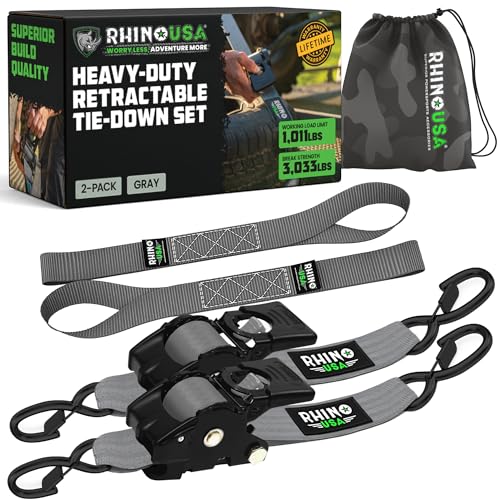 Rhino USA Retractable Ratchet Straps (2-Pack) - 2 Inch x 10 Feet (3,033lb Break Strength) - Heavy Duty Auto Self Retracting Tie Down Straps for Truck, Cargo Trailer, Motorcycle, Rad & More - Gray