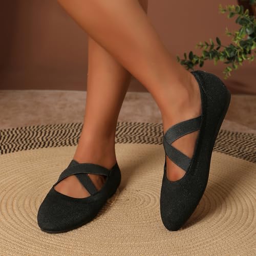 Closed Round Toe Flats for Women Knit Ballet Flats with Cross Straps Women's Slip On Knitted Dressy Ballerina Flat Shoes Office Casual Party Comfortable2