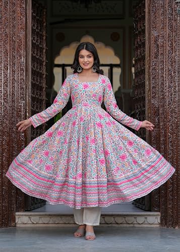 Image of Cotton Anarkali Shiffly Work with Floral Printed Anarkali Kurta Pant with Dupatta