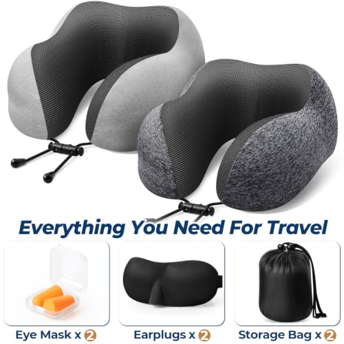 Image of ExploreBliss Travel Pillow, Neck Pillow Airplane, Grey & Light Grey | Travel Pillows for Airplanes, Neck Pillow Airplane, Memory Foam Neck Pillow Set with Eye Mask, Earplugs