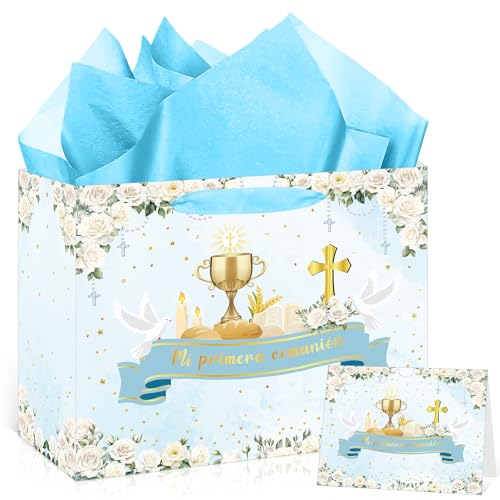 Mi Primera Comunin Bolsa De Regalo Blue Floral First Holy Communion Gift Bag Cross Wrapping Paper Bag with Tissue Paper Greeting Card for Bautizo Confirmacin Christian Baby Shower Confirmations