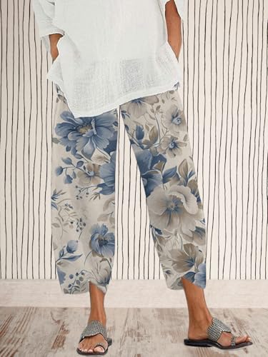Womens Boho Floral Pants Wide Leg High Waist Trousers Baggy Casual Printed Summer Beach Capri Pants with Pockets4