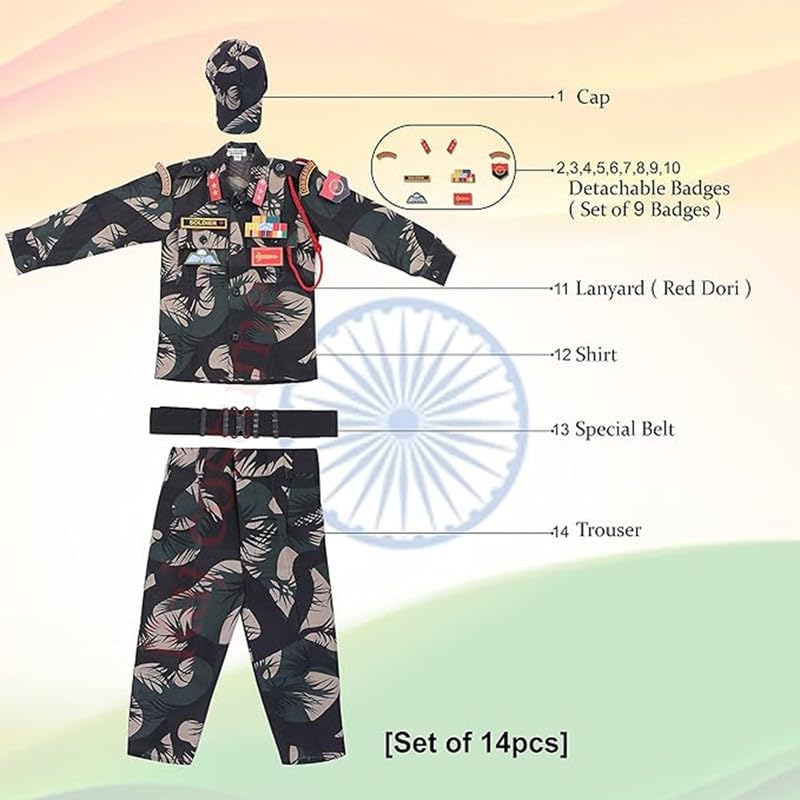 Image of Army Dress for Kids | Indian Military Soldier Fancy Dress Costume | Polyester Fabric | Army Uniform for Boys & Girls | School Fancy Dress, Role Play, Independence Day & Republic Day